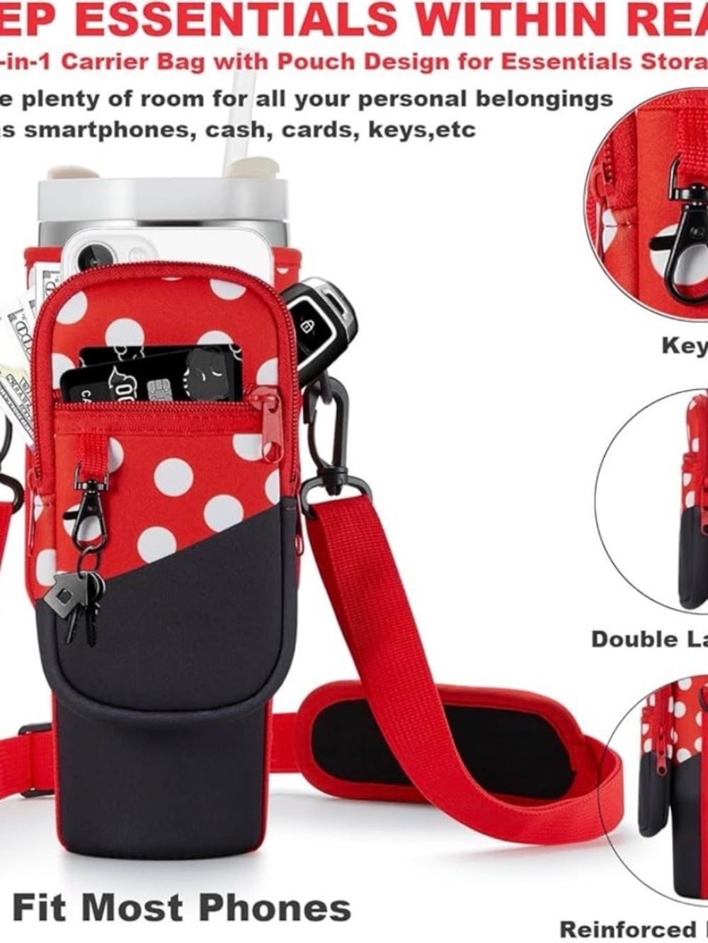 Polka Dot Red Water Bottle Carrier Bag with Phone Pocket for Stanley 30 oz - Picture 2 of 5